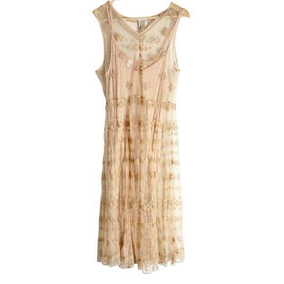 Sundance Dresses & Skirts - Sundance Nude Embroidered Chiffon Mesh Swiss Dot Slip Midi Dress Size Medium